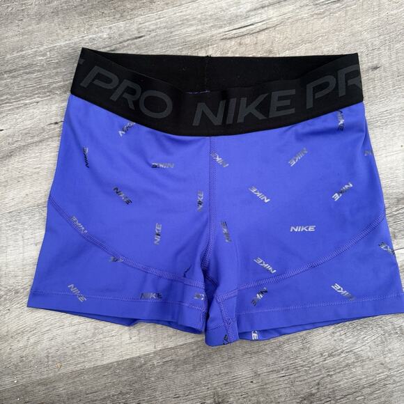 NIKE PRO Dri-Fit Training Shorts Womens Medium 3” Inseam Metallic Logo Purple - Picture 5 of 7